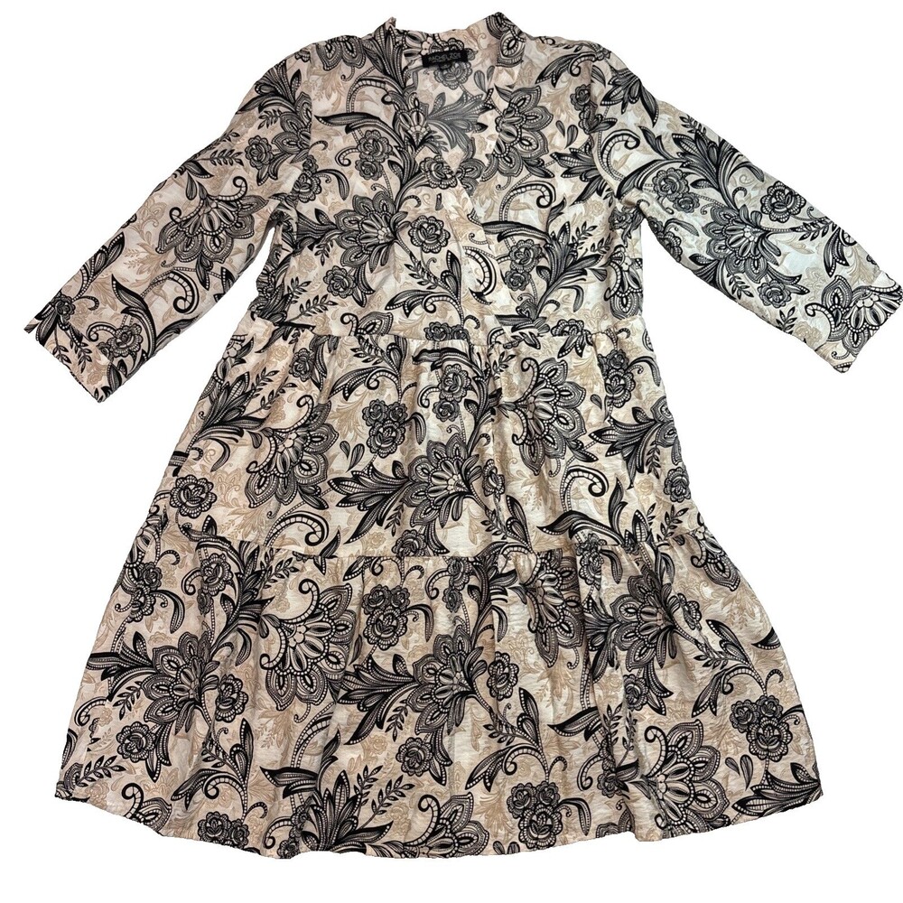 Rachel Zoe Womens M Floral Dress Black White 3/4 Sleeve Tiered NWT